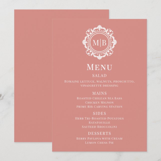 Ornate Floral Monogram Rose Gold Wedding Menu (Front/Back)