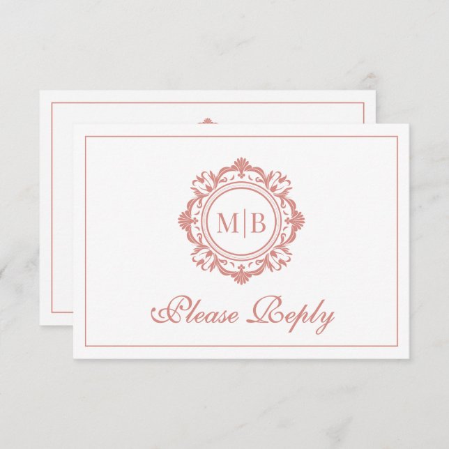 Ornate Floral Monogram Rose Gold Wedding RSVP Card (Front/Back)
