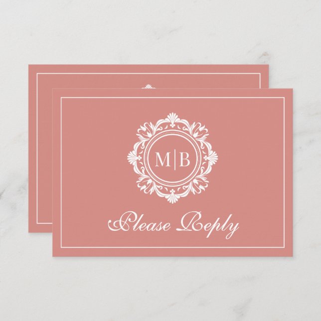 Ornate Floral Monogram Rose Gold Wedding RSVP Card (Front/Back)