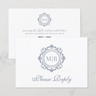 Ornate Floral Monogram Silver Wedding RSVP Card