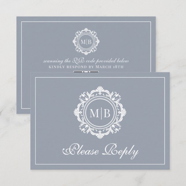 Ornate Floral Monogram Silver Wedding RSVP Card (Front/Back)