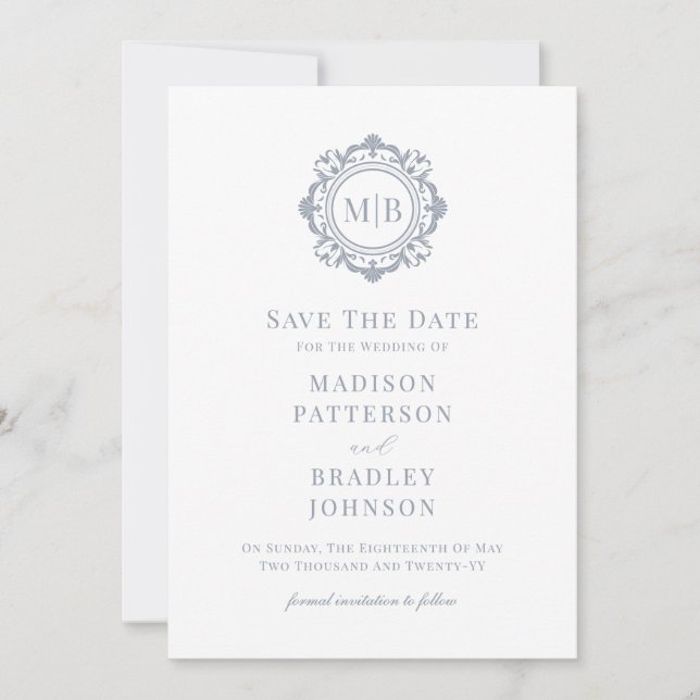 Ornate Floral Monogram Silver Wedding Save The Date (Front)