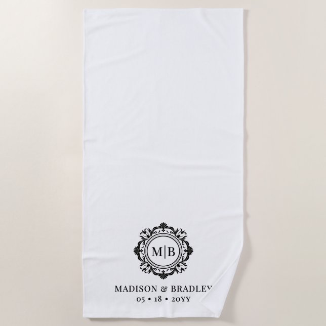 Ornate Floral Monogram Wedding Elegant Black White Beach Towel (Front)