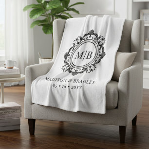 Ornate Floral Monogram Wedding Elegant Black White Fleece Blanket
