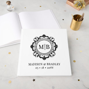Ornate Floral Monogram Wedding Elegant Black White Guest Book