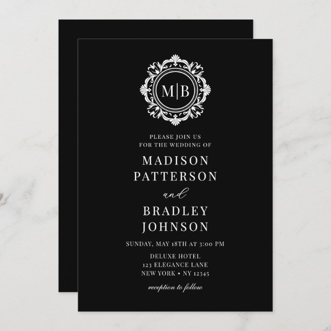 Ornate Floral Monogram Wedding Elegant Black White Invitation (Front/Back)
