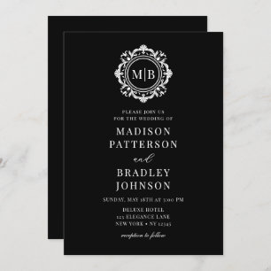 Ornate Floral Monogram Wedding Elegant Black White Invitation
