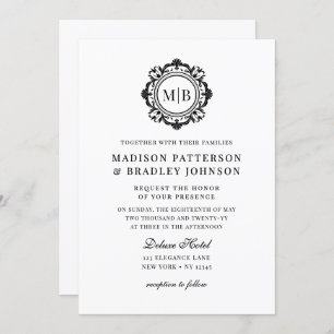 Ornate Floral Monogram Wedding Elegant Black White Invitation