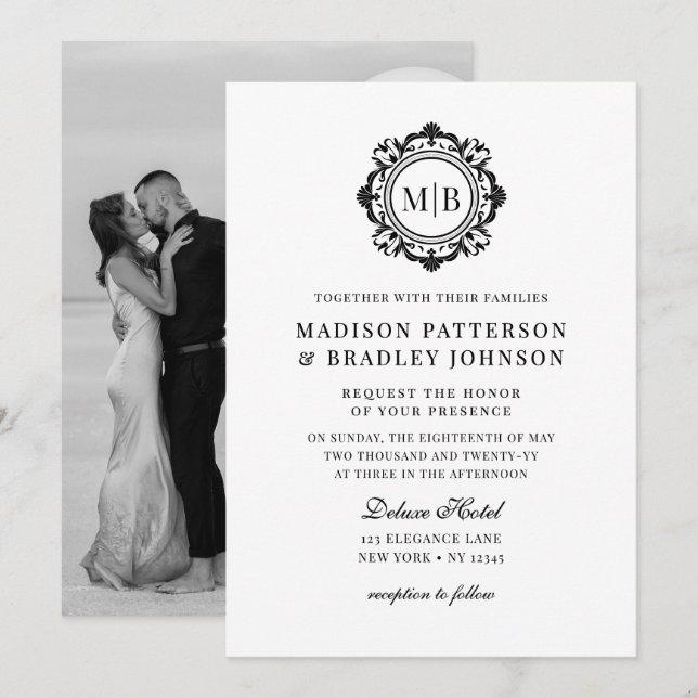 Ornate Floral Monogram Wedding Elegant Black White Invitation (Front/Back)