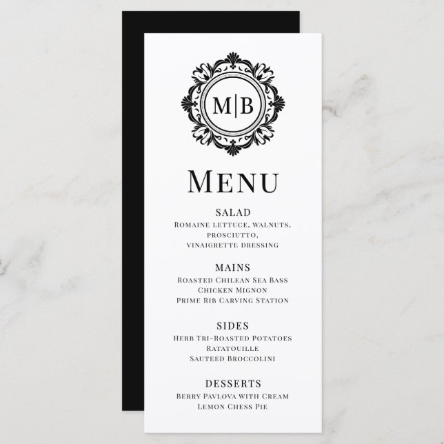 Ornate Floral Monogram Wedding Elegant Black White Menu (Front/Back)