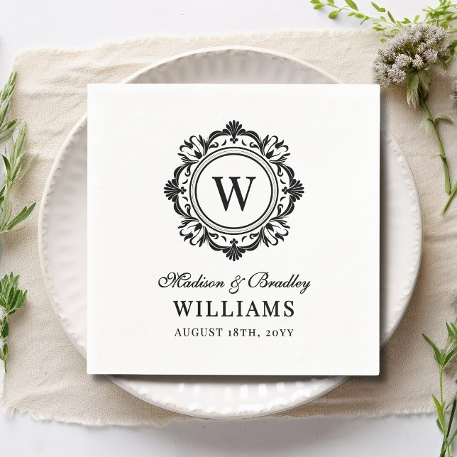 Ornate Floral Monogram Wedding Elegant Black White Napkin (Creator Uploaded)