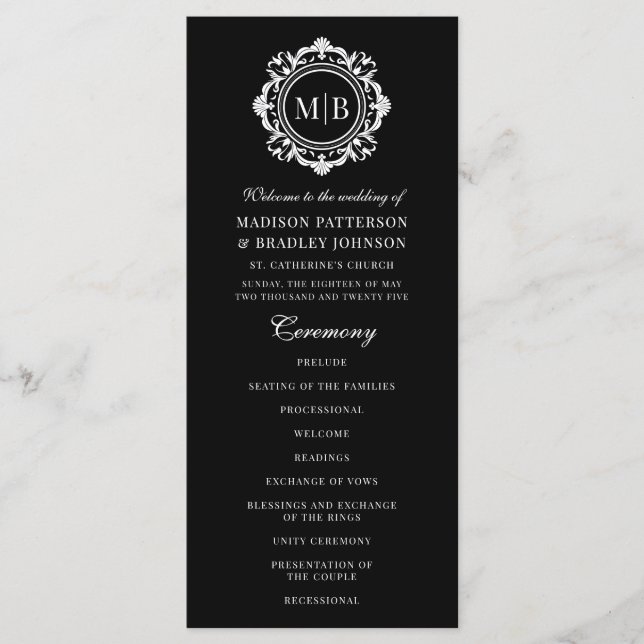 Ornate Floral Monogram Wedding Elegant Black White Program (Front)
