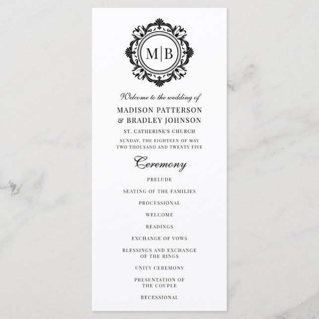 Ornate Floral Monogram Wedding Elegant Black White Program (Front)
