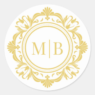 Ornate Floral Monogram Wedding Elegant Gold Classic Round Sticker