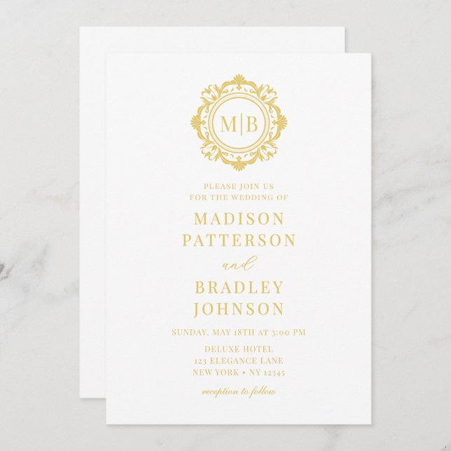 Ornate Floral Monogram Wedding Elegant Gold Invitation (Front/Back)