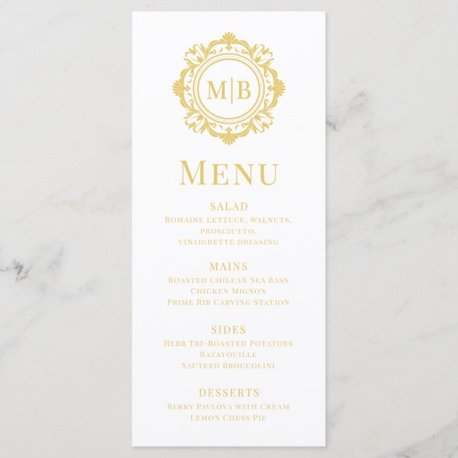 Ornate Floral Monogram Wedding Elegant Gold  Menu (Front)