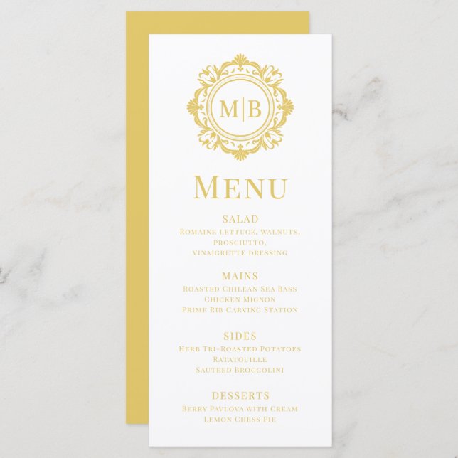 Ornate Floral Monogram Wedding Elegant Gold  Menu (Front/Back)