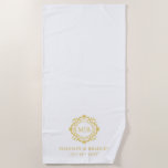 Ornate Floral Monogram Wedding Elegant Gold White Beach Towel<br><div class="desc">Ornate Floral Monogram Wedding Elegant Gold White Beach Towels features your personalised monogrammed initials in elegant script typography surrounded by an ornamental floral frame and custom text overlay with your names and wedding date below. Add a touch of style and sophistication to your wedding festivities with this gorgeous personalised monogrammed...</div>