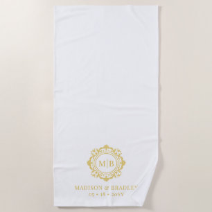 Ornate Floral Monogram Wedding Elegant Gold White Beach Towel