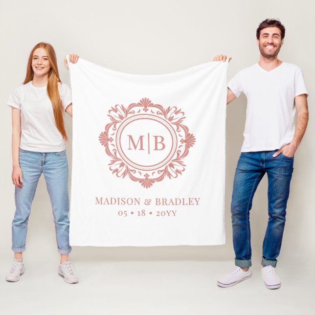 Ornate Floral Monogram Wedding Elegant Rose Gold Fleece Blanket (In Situ)