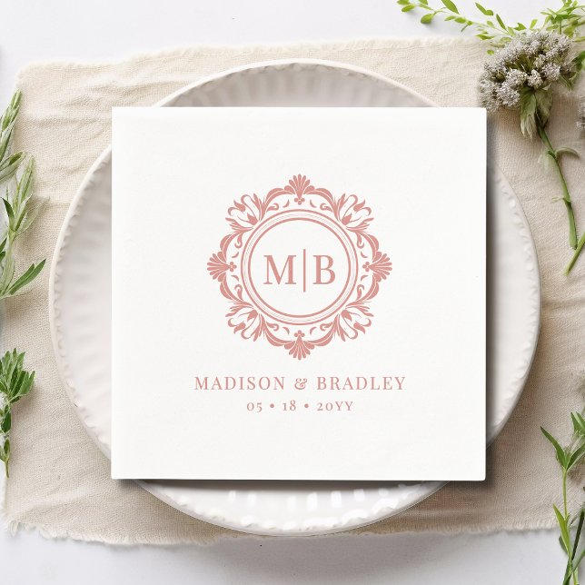 Ornate Floral Monogram Wedding Elegant Rose Gold Napkin (Creator Uploaded)