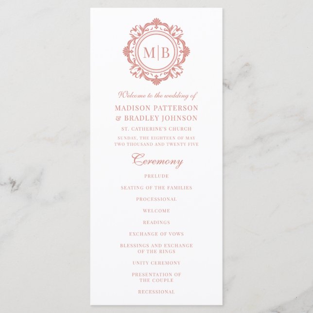 Ornate Floral Monogram Wedding Elegant Rose Gold Program (Front)