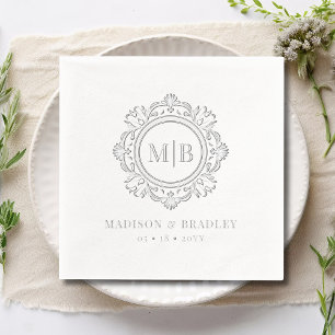 Ornate Floral Monogram Wedding Elegant Silver Foil Napkins