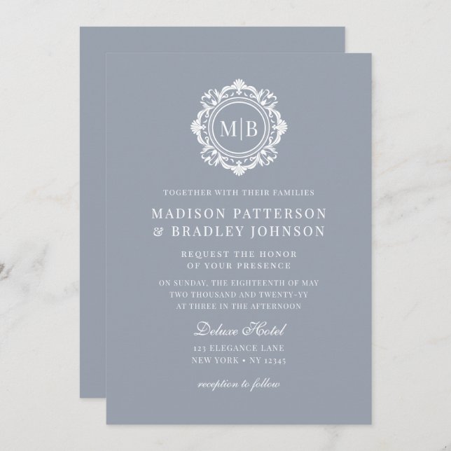 Ornate Floral Monogram Wedding Elegant Silver Invitation (Front/Back)
