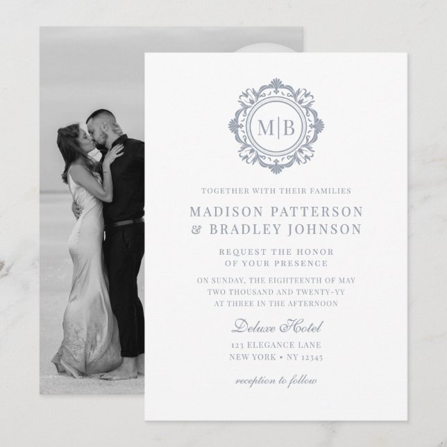 Ornate Floral Monogram Wedding Elegant Silver Invitation (Front/Back)