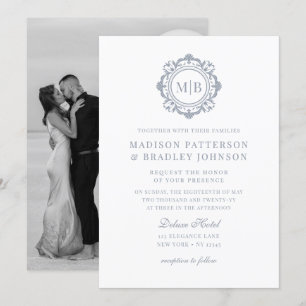 Ornate Floral Monogram Wedding Elegant Silver Invitation