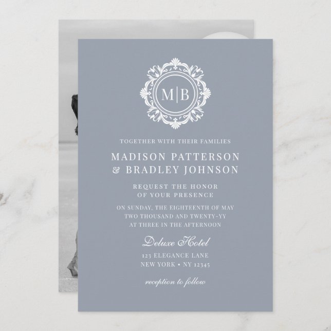Ornate Floral Monogram Wedding Elegant Silver Invitation (Front/Back)