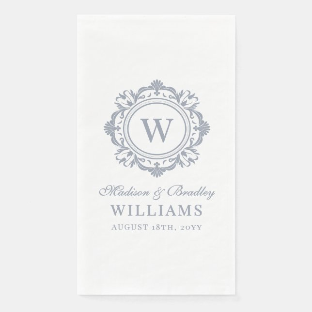 Ornate Floral Monogram Wedding Elegant Silver Napkin (Front)