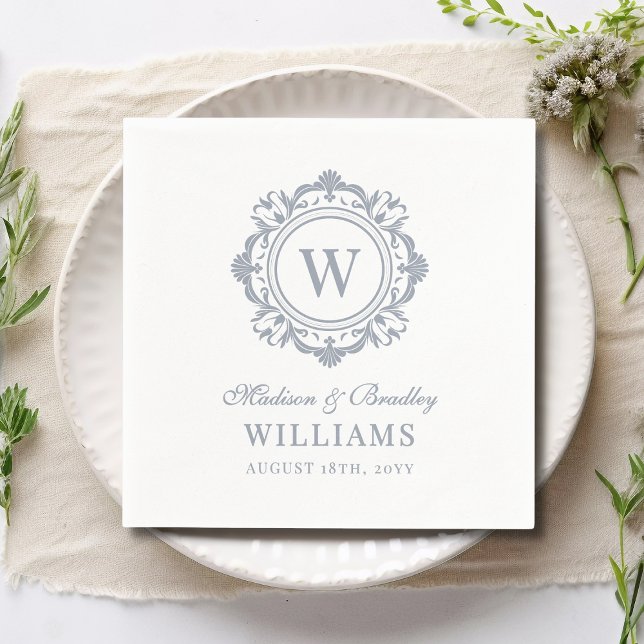 Ornate Floral Monogram Wedding Elegant Silver Napkin (Creator Uploaded)