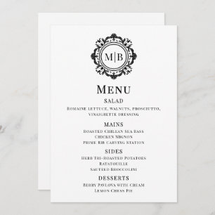 Ornate Floral Monogram Wedding Menu Black White