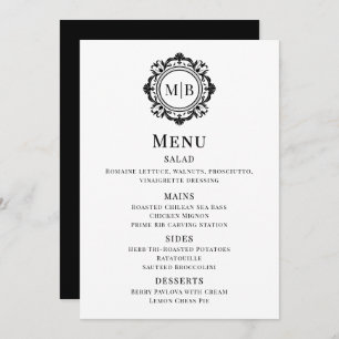 Ornate Floral Monogram Wedding Menu Black White