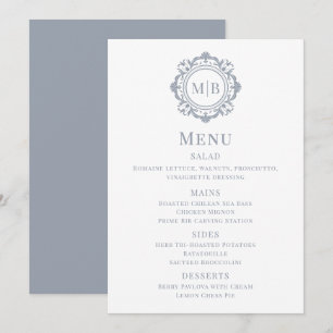 Ornate Floral Monogram Wedding Menu Silver