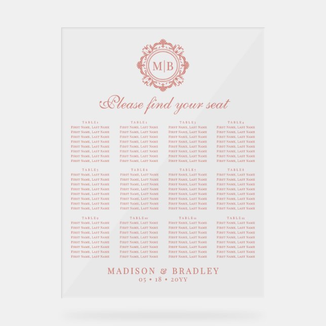 Ornate Floral Monogram Wedding Seating Chart (Front)