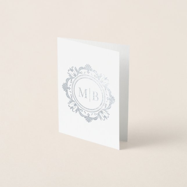 Ornate Floral Monogram Wedding Thank You Foil Card (Front)