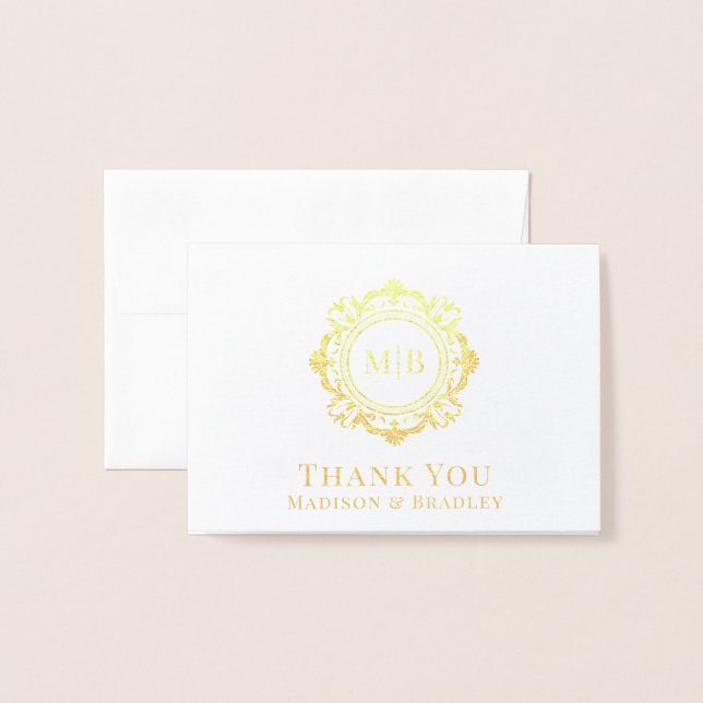 Ornate Floral Monogram Wedding Thank You Foil Card (Front With Envelope)