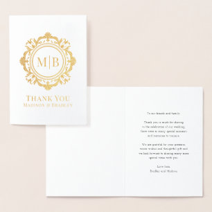 Ornate Floral Monogram Wedding Thank You Foil Card