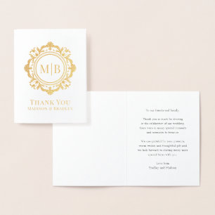Ornate Floral Monogram Wedding Thank You Foil Card
