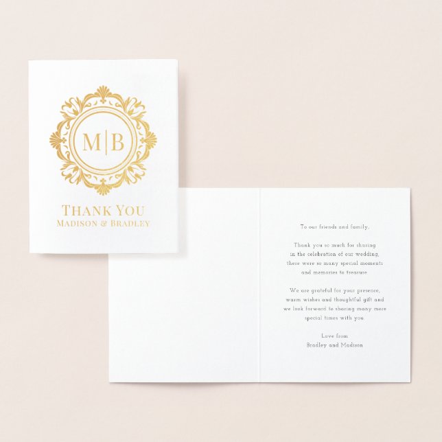 Ornate Floral Monogram Wedding Thank You Foil Card (Display)