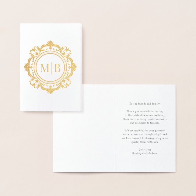 Ornate Floral Monogram Wedding Thank You Foil Card (Display)