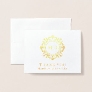 Ornate Floral Monogram Wedding Thank You Foil Card