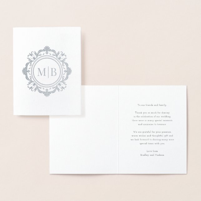 Ornate Floral Monogram Wedding Thank You Foil Card (Display)