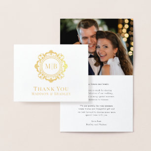 Ornate Floral Monogram Wedding Thank You Photo Foil Card