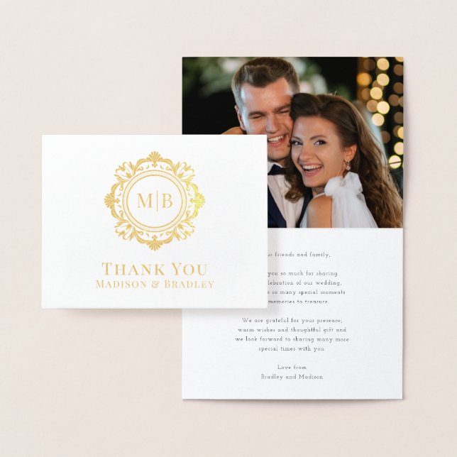 Ornate Floral Monogram Wedding Thank You Photo Foil Card (Display)