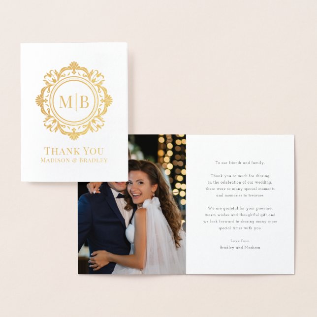 Ornate Floral Monogram Wedding Thank You Photo Foil Card (Display)