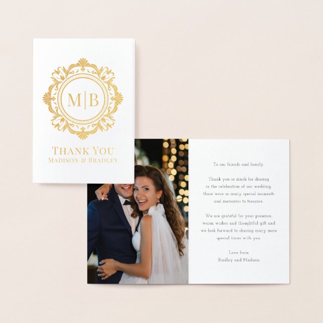 Ornate Floral Monogram Wedding Thank You Photo Foil Card (Display)