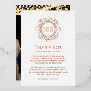 Ornate Floral Monogram Wedding Thank You Photo Foil Holiday Card